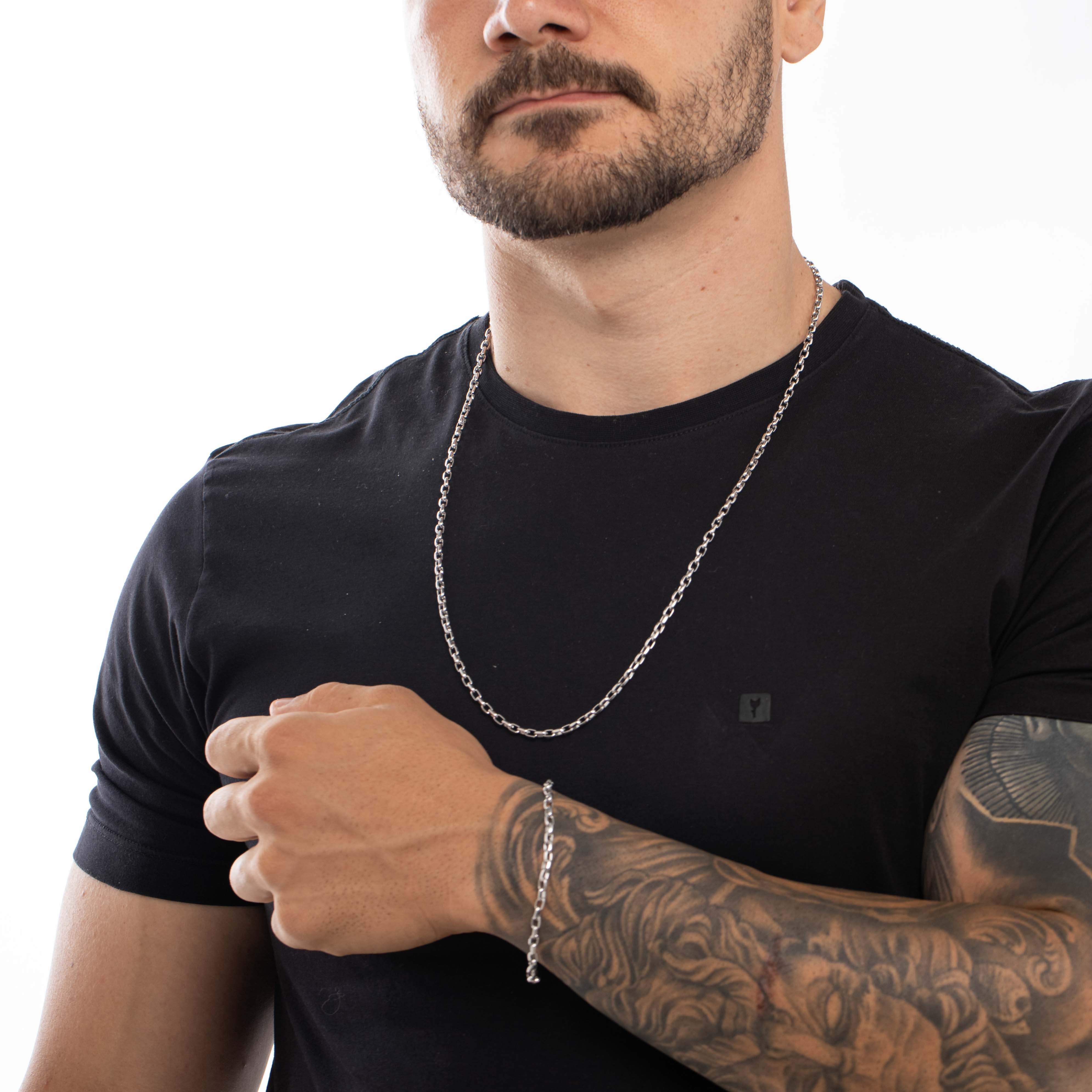 CORRENTE MASCULINA ELO CARTHIE ABAULADO GROSSA FECHO GAVETA 70CM- BANHADO A RÓDIO BRANCO