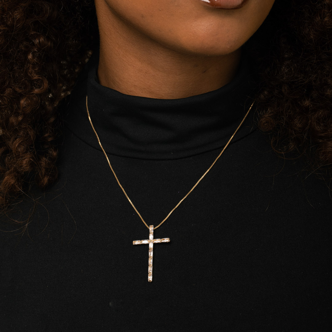 CORRENTE VENEZIANA CRUCIFIXO COM NAVETES CRISTAL 45CM - BANHADO A OURO 18K