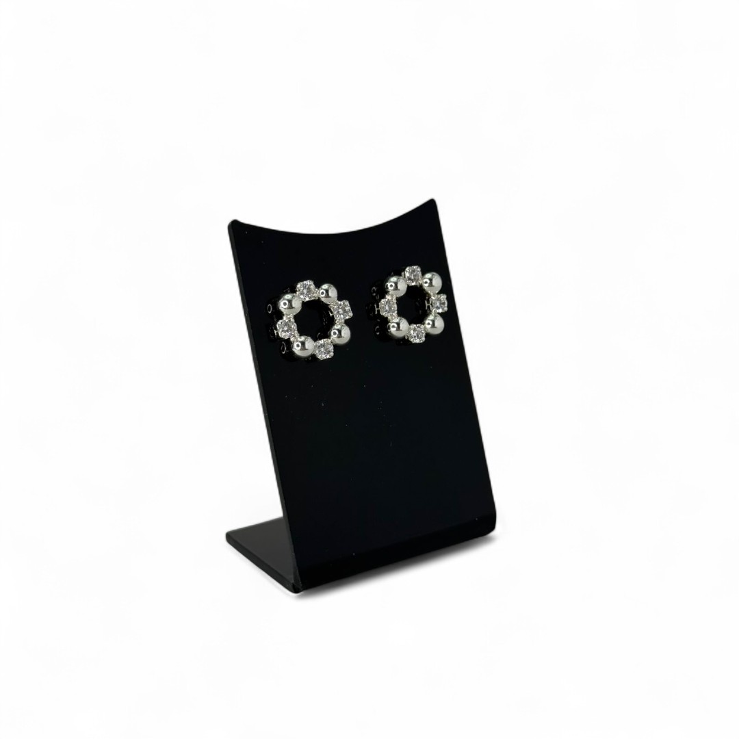 BRINCO FLOR COM PONTO DE LUZ E BOLINHA LISA ZIRCONIA CRISTAL - BANHADO A PRATA 925