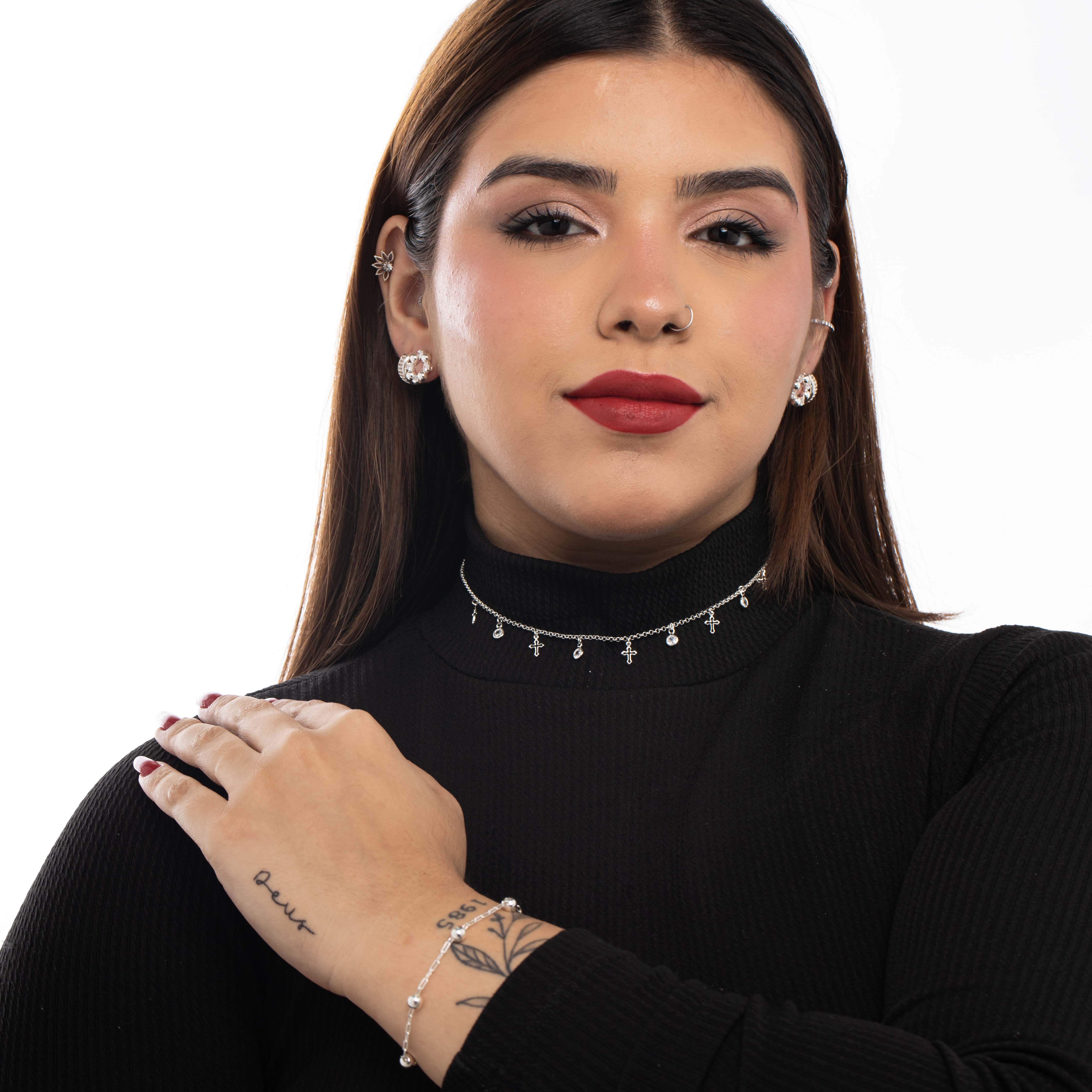 BRINCO FLOR COM PONTO DE LUZ E BOLINHA LISA ZIRCONIA CRISTAL - BANHADO A PRATA 925