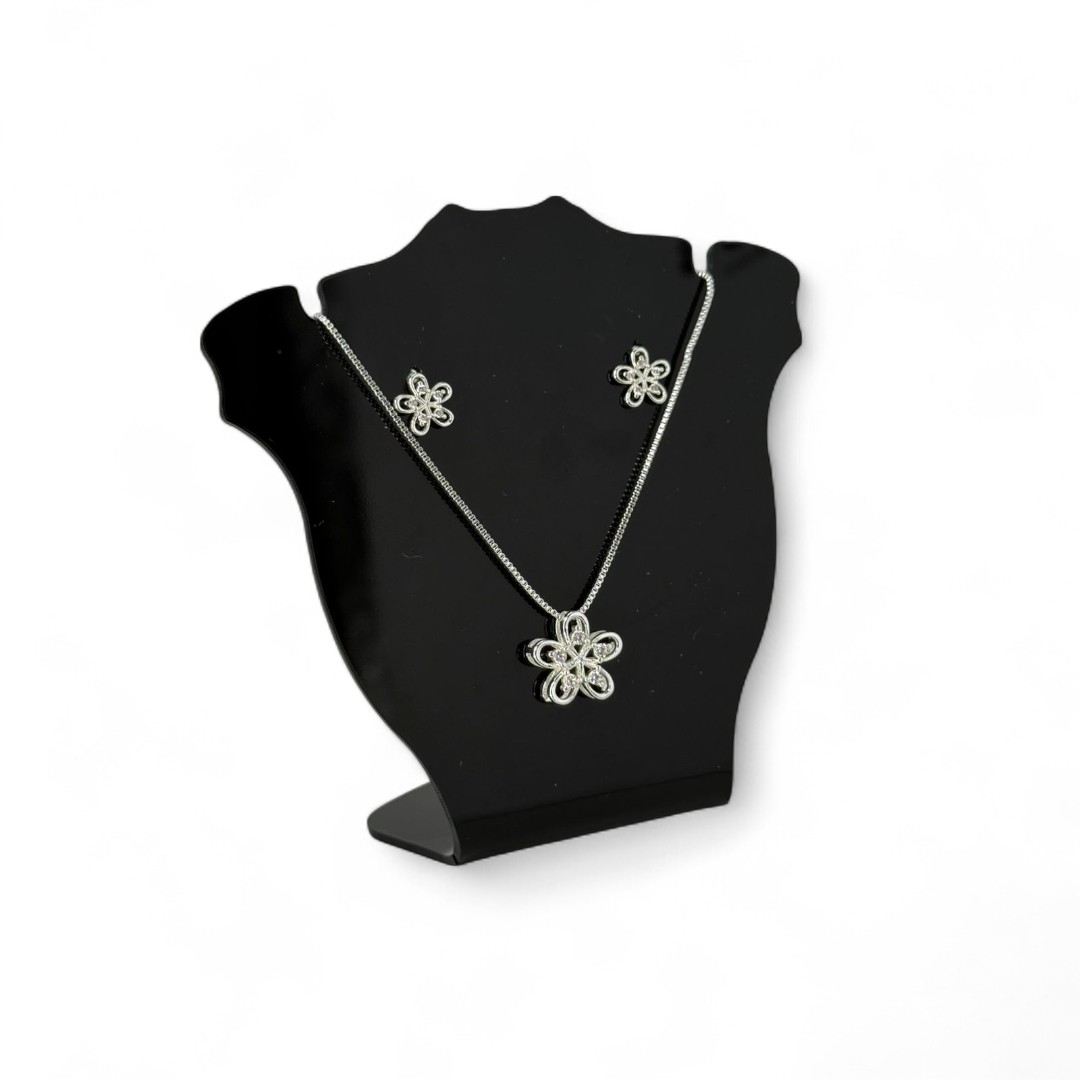 CONJUNTO CORRENTE VENEZIANA COM FLOR 5 PETALAS CRAVEJADA EM MICRO ZIRCONIA CRISTAL E EXTENSOR - BANHADO A PRATA 925