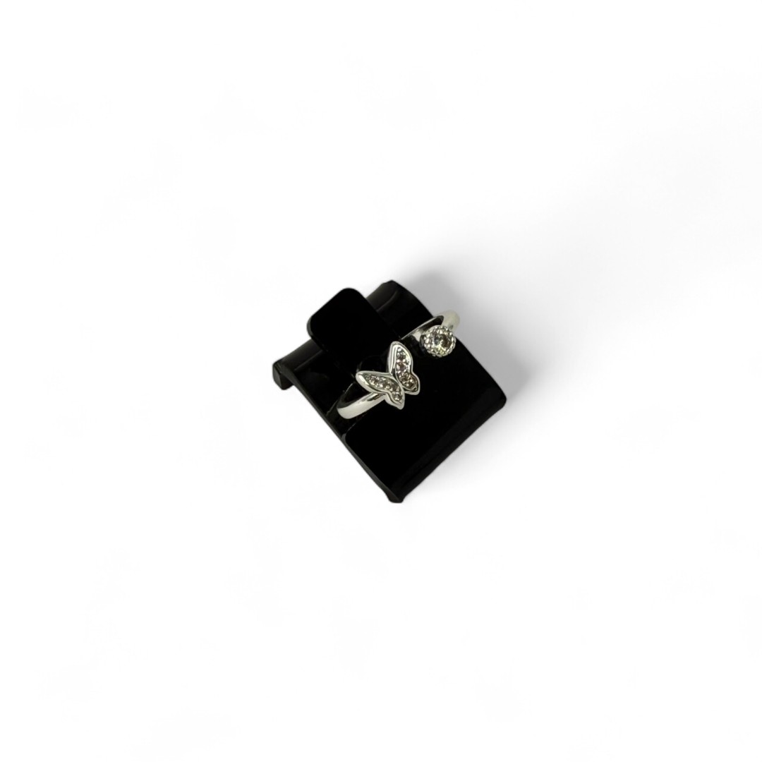 ANEL REGULAVEL BORBOLETA CRAVEJADO + ARO COM LISO COM PONTO DE LUZ- BANHADO A PRATA 925