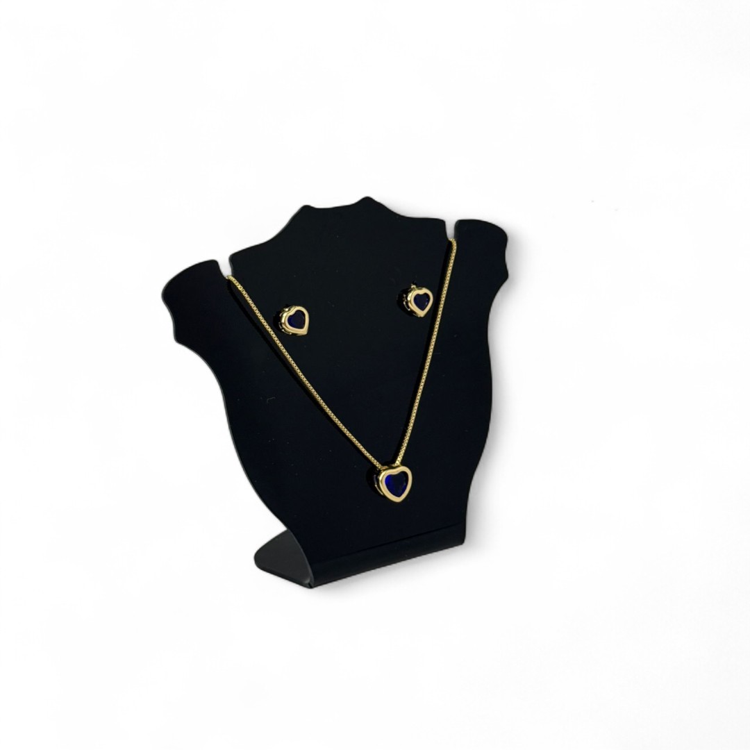 CONJUNTO CORRENTE VENEZIANA COM PINGENTE CORAÇÃO AZUL COM BORDA  - BANHADO A OURO 18K