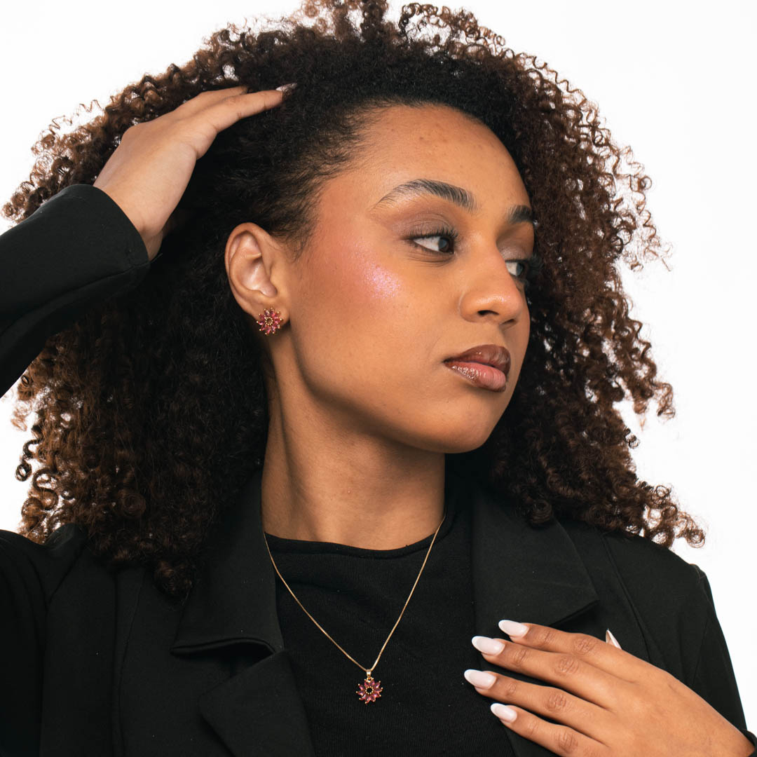 CONJUNTO CORRENTE VENEZIANA COM PINGENTE FLOR 10 PÉTALAS ZIRCONIA PINK - BANHADO A PRATA 925 CONJUNTO CORRENTE VENEZIANA COM PINGENTE FLOR 10 PÉTALAS ZIRCONIA PINK - BANHADO A PRATA 925