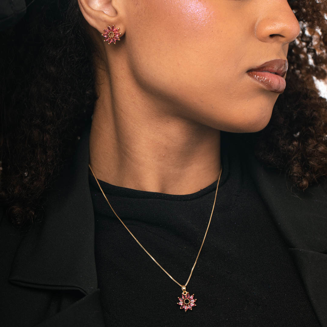 CONJUNTO CORRENTE VENEZIANA COM PINGENTE FLOR 10 PÉTALAS ZIRCONIA PINK - BANHADO A PRATA 925