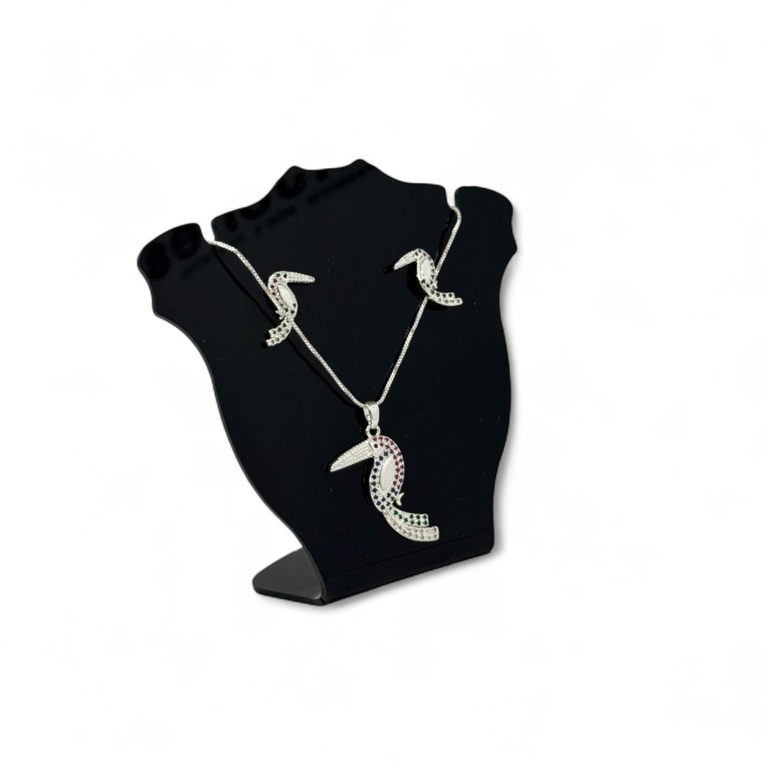 CONJUNTO CORRENTE VENEZIANA COM TUCANO ZIRCONIA COLORIDA- BANHADO A PRATA 925