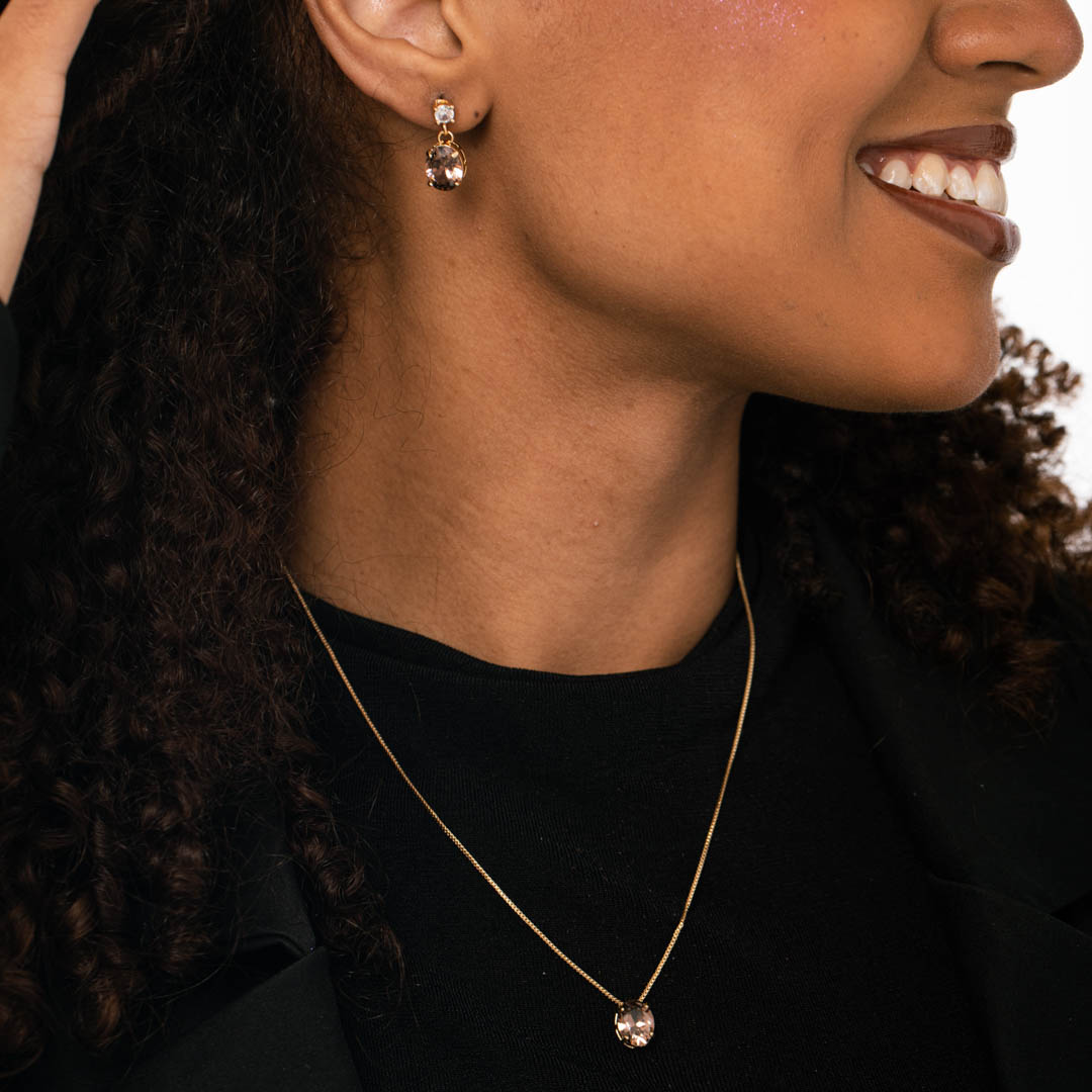 CONJUNTO CORRENTE VENEZIANA COM PEDRA OVAL MARROM E PONTO DE LUZ CRISTAL - BANHADO A OURO 18K