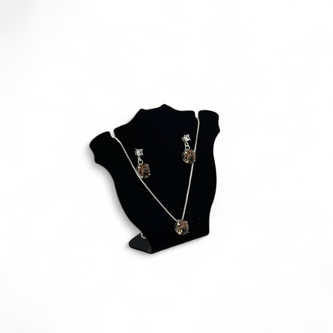 CONJUNTO CORRENTE VENEZIANA E BRINCO COM PENDURICALHO COM PEDRA OVAL MARROM E PONTO DE LUZ CRISTAL - BANHADO A PRATA 925