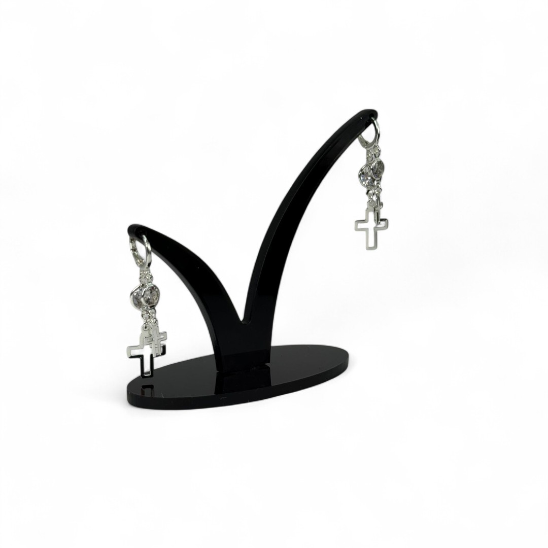 BRINCO ARGOLA DE CLICK COM PENDURICALHO DUPLO CRUZ E PONTO DE LUZ CRISTAL- BANHADO A PRATA 925