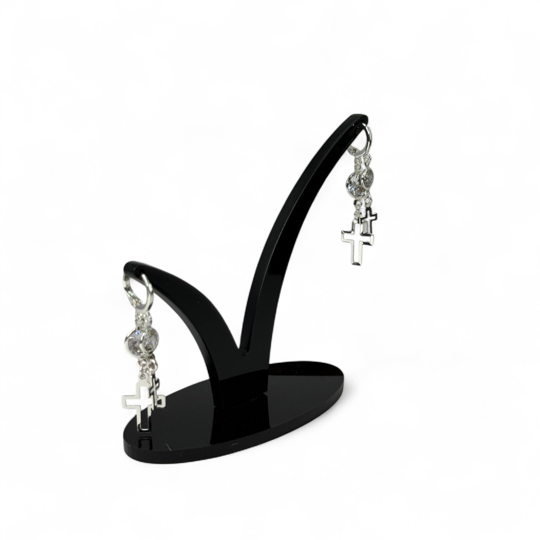 BRINCO ARGOLA DE CLICK COM PENDURICALHO DUPLO CRUZ E PONTO DE LUZ CRISTAL- BANHADO A PRATA 925