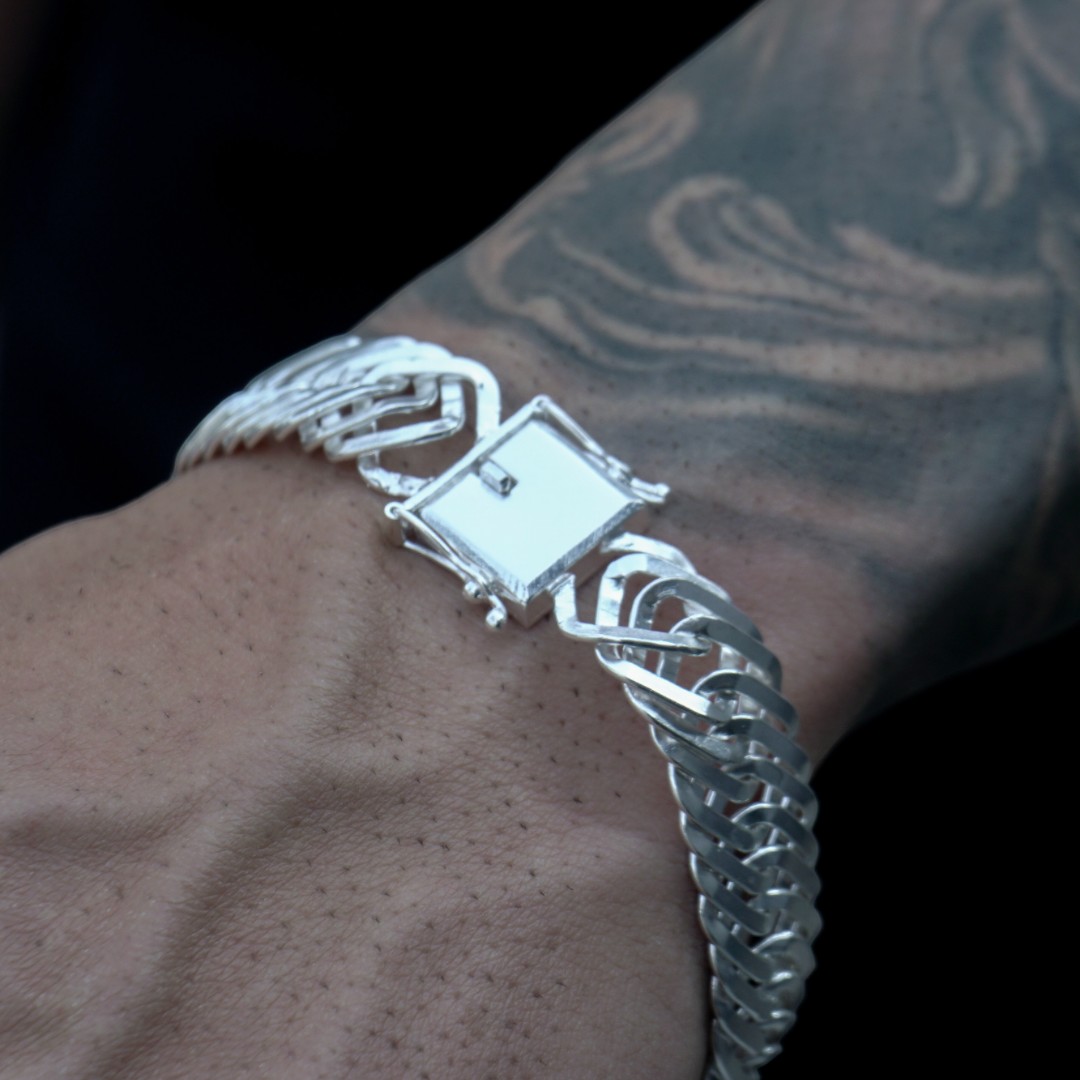 PULSEIRA MASCULINA GRUMET ESCAMADA GROSSA COM FECHO GAVETA 20MM - BANHADO A PRATA 925