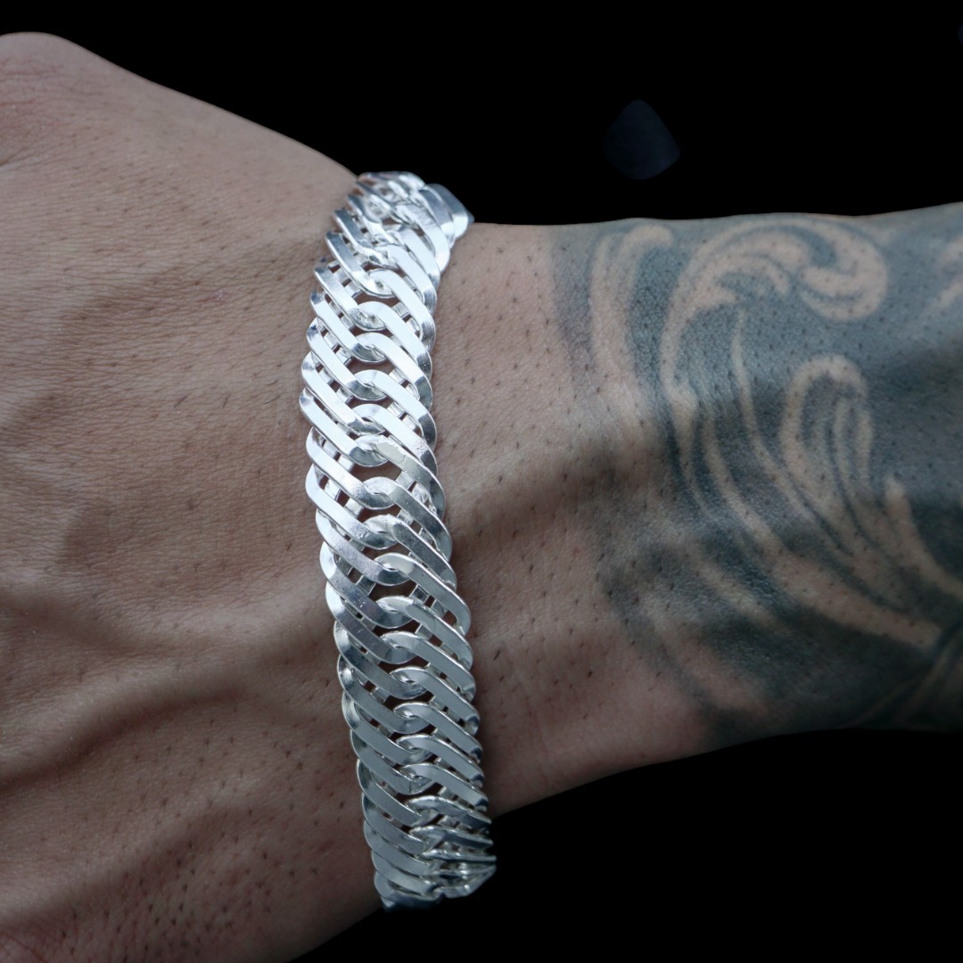 PULSEIRA MASCULINA GRUMET ESCAMADA GROSSA COM FECHO GAVETA 20MM - BANHADO A PRATA 925