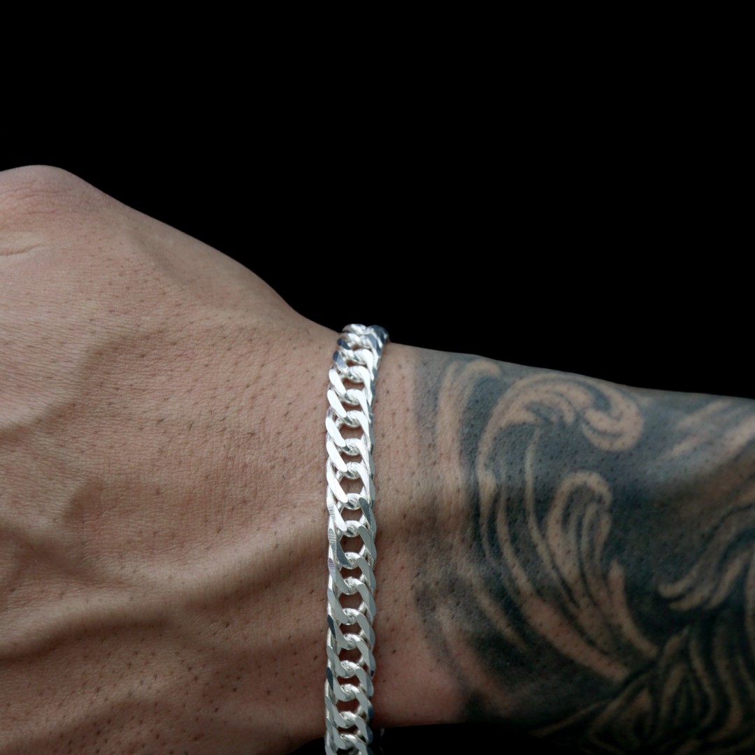 PULSEIRA MASCULINA GRUMET ESCAMADA GROSSA COM FECHO GAVETA 10MM - BANHADO A PRATA 925
