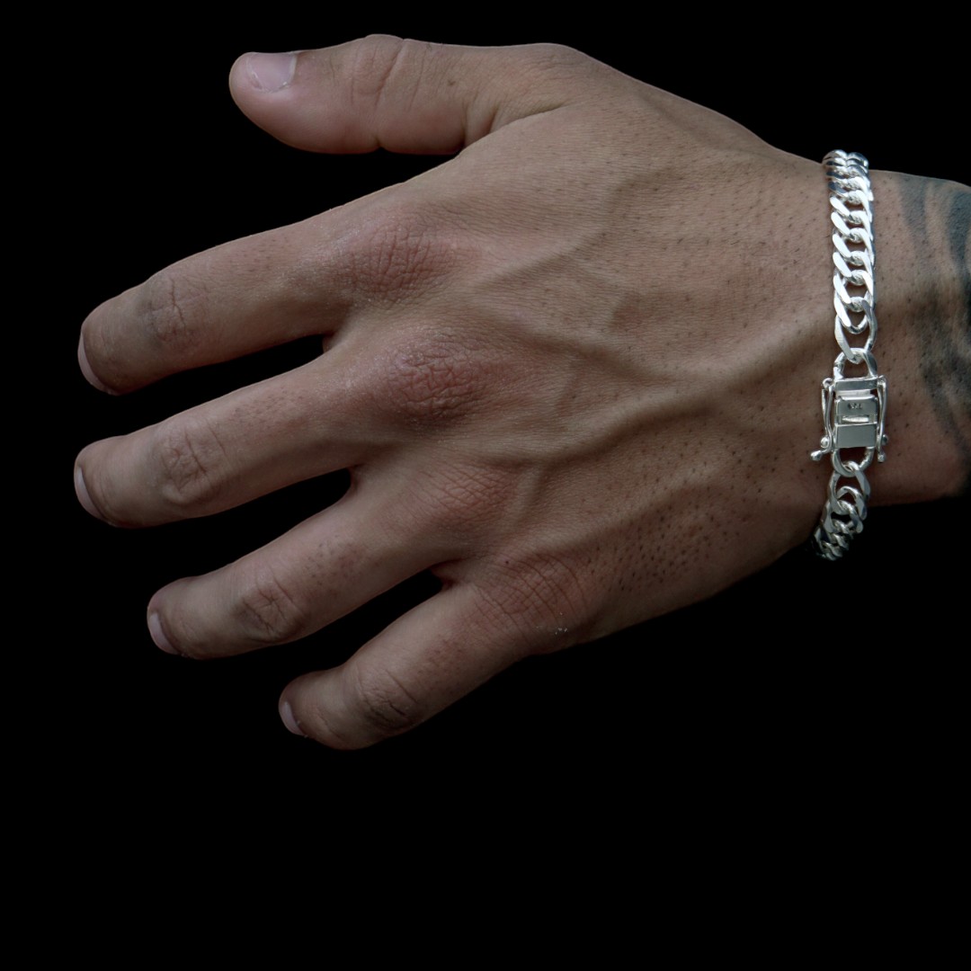 PULSEIRA MASCULINA GRUMET ESCAMADA GROSSA COM FECHO GAVETA 10MM - BANHADO A PRATA 925