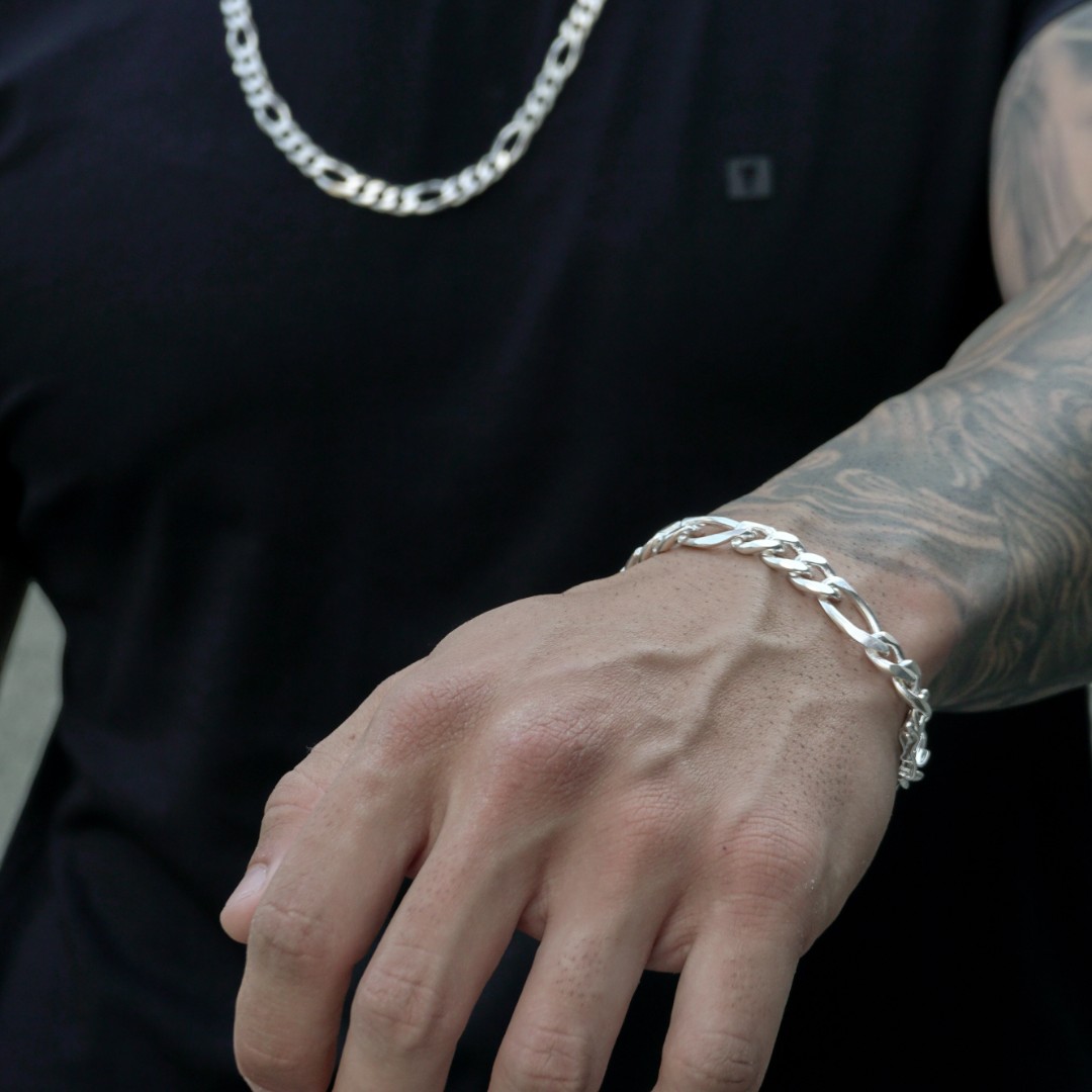 PULSEIRA MASCULINA 3X1 MÉDIA COM FECHO GAVETA 10MM - BANHADO A PRATA 925