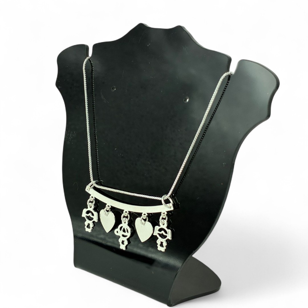 CORRENTE VENEZIANA CANGA CORAÇÕES LISOS E TRIO BONECOS DUAS MENINAS E UM MENINO VAZADOS LISOS - BANHADO A PRATA 925