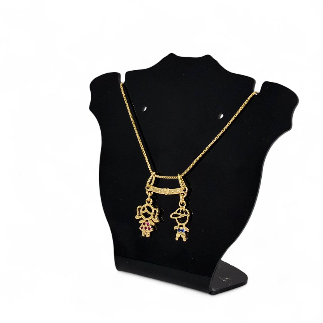 CORRENTE VENEZIANA CANGA ESCRITO AMOR ETERNO E CASAL BONECOS VAZADOS ZIRCÔNIA ROSA E ZIRCÔNIA AZUL - BANHADO A OURO 18K