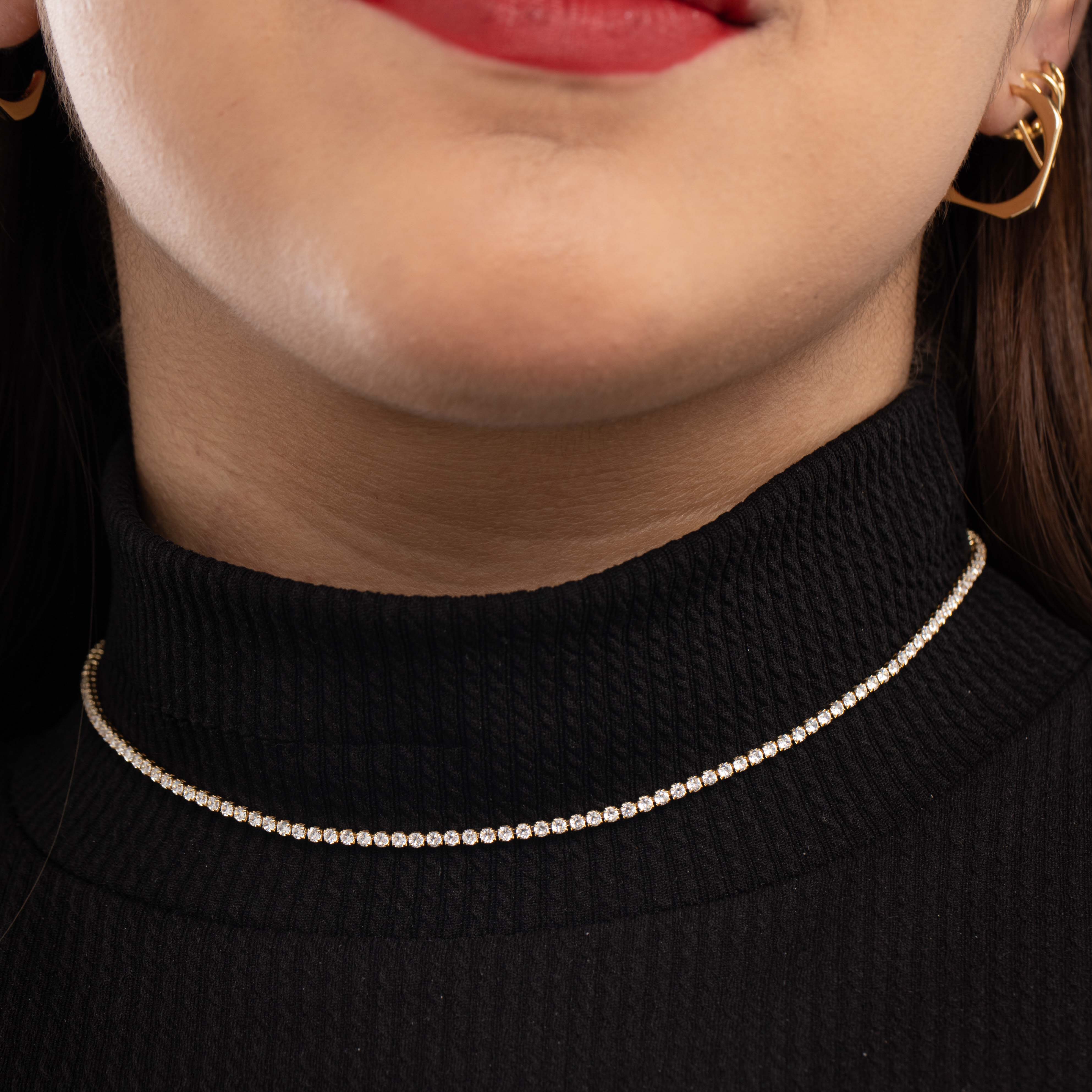 CHOKER CORRENTE RIVIERA FINA COM ZIRCONIA CRISTAL E EXTENSOR 2MM  - BANHADO A OURO 18K