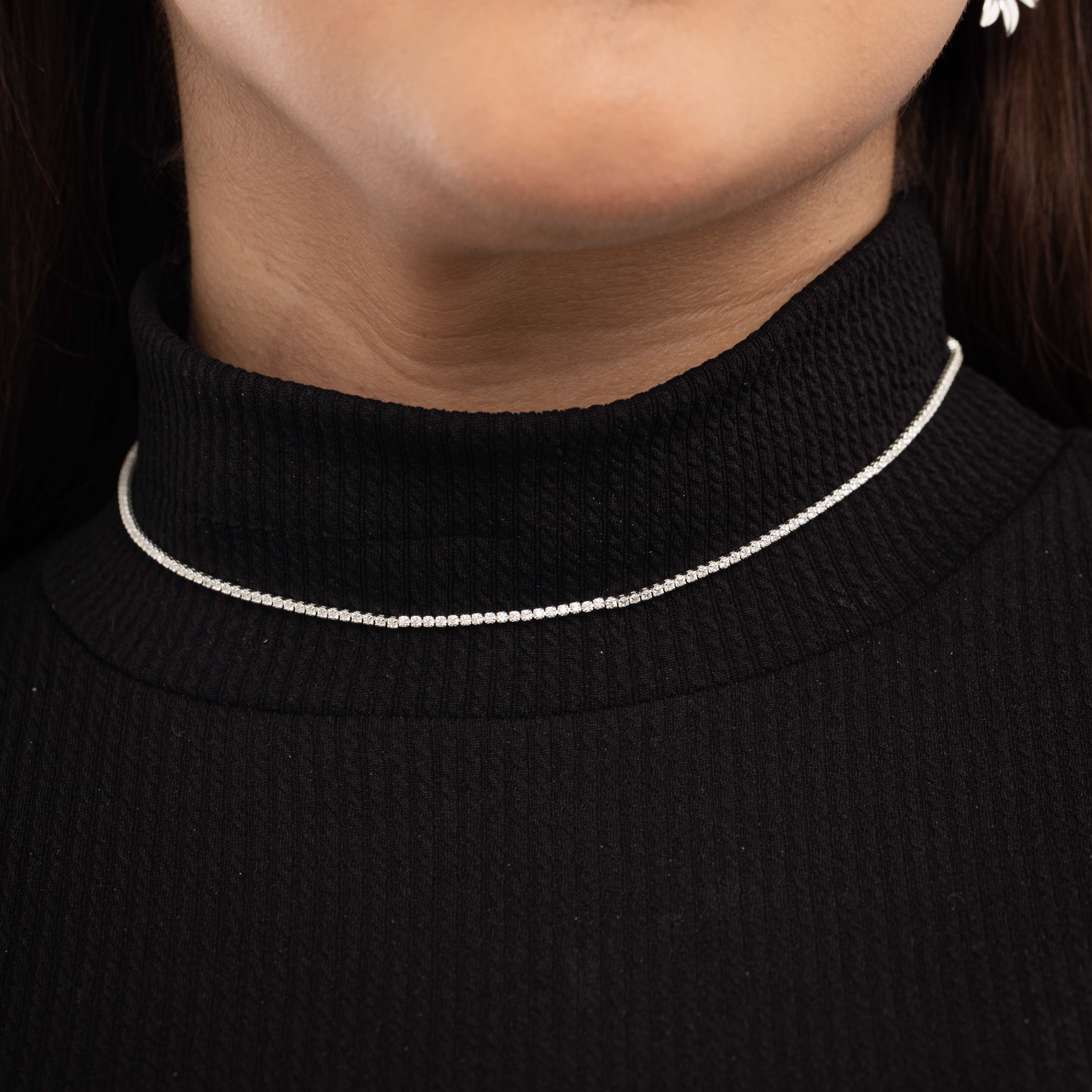CHOKER CORRENTE RIVIERA FINA COM ZIRCONIA CRISTAL E EXTENSOR 2MM  - BANHADO A PRATA 925