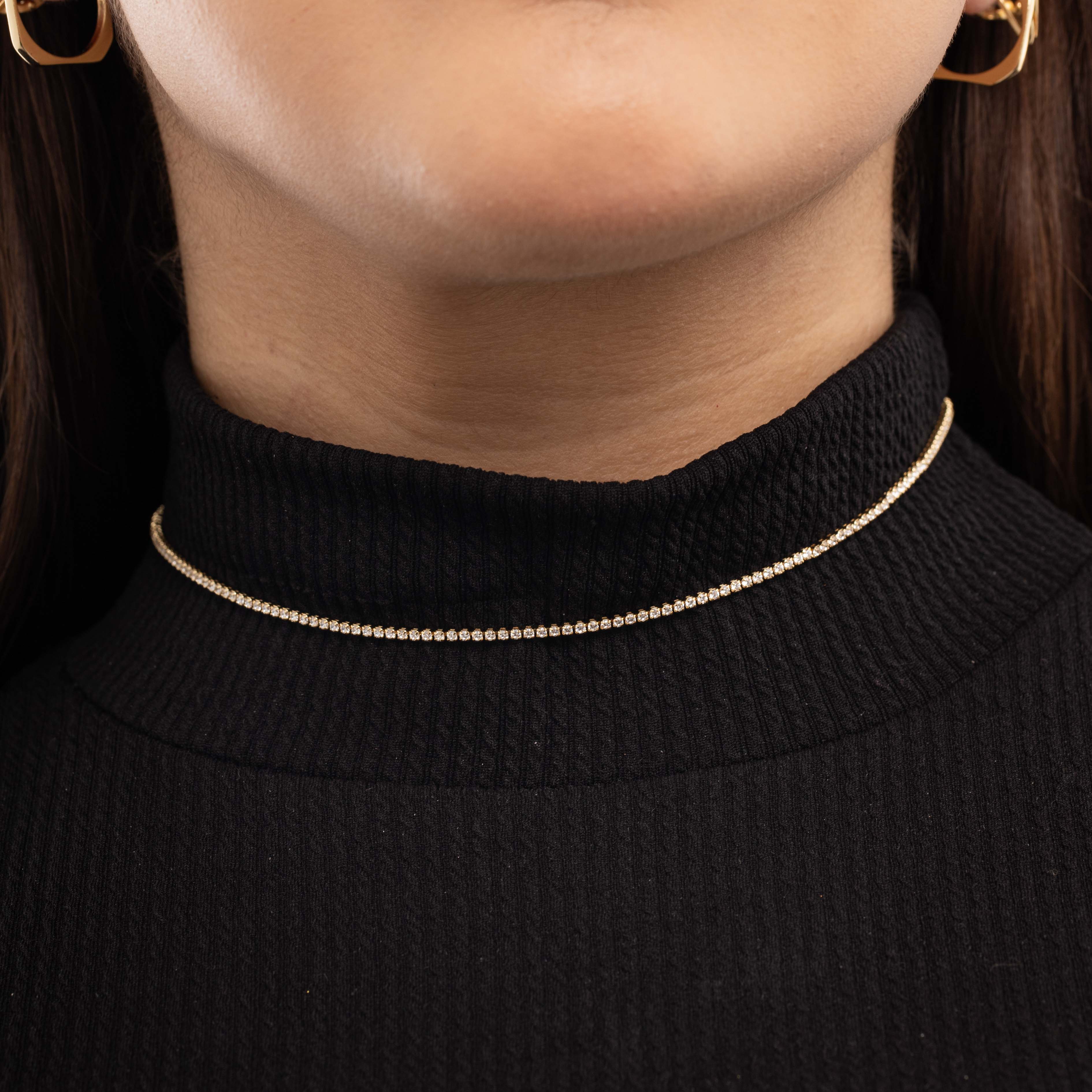 CHOKER CORRENTE RIVIERA EXTRA FINA COM ZIRCONIA CRISTAL E EXTENSOR 2MM  - BANHADO A OURO 18K