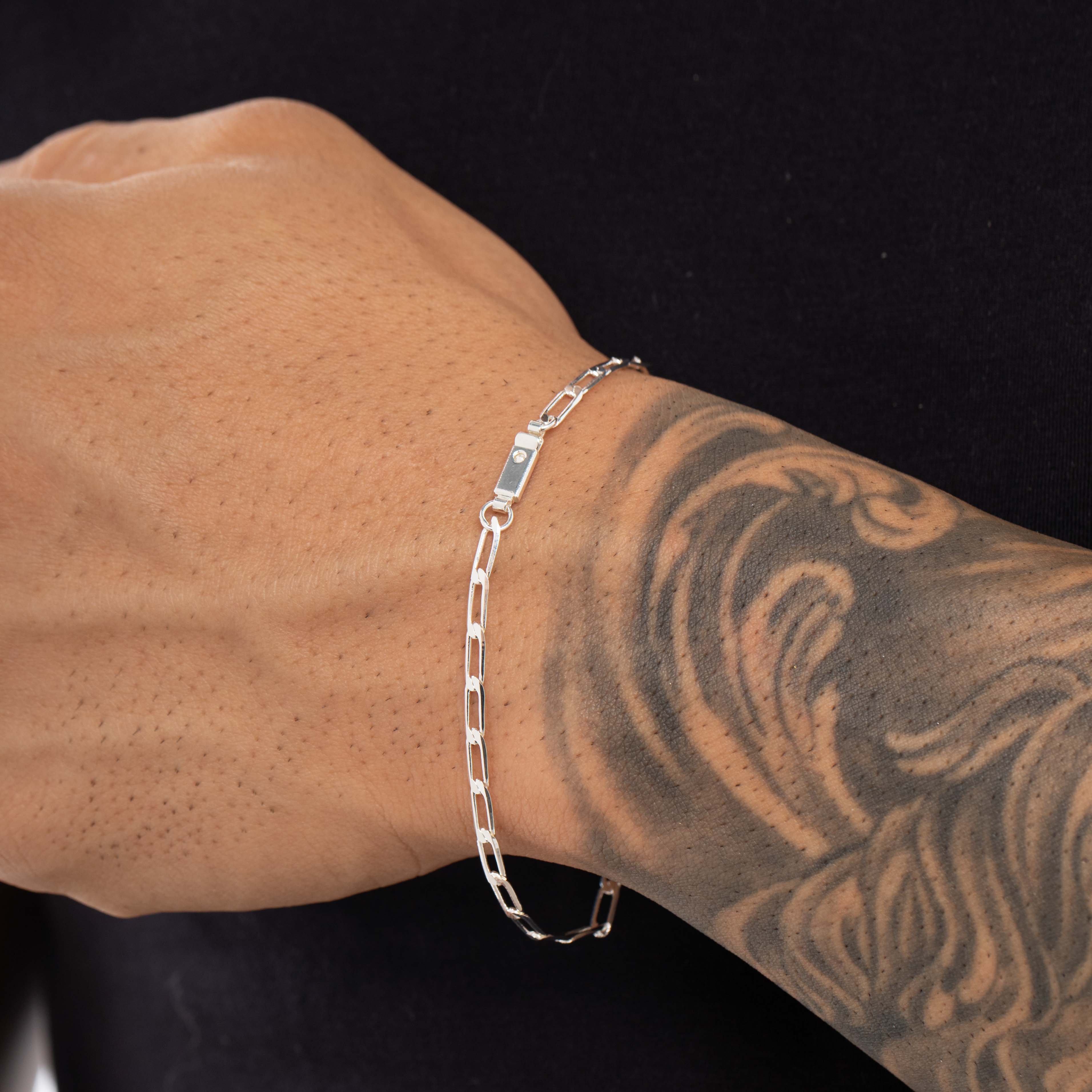 PULSEIRA MASCULINA GRUMET LONGO MÉDIO ELO FINO COM FECHO GAVETA 0.80M  - BANHADO A PRATA 925