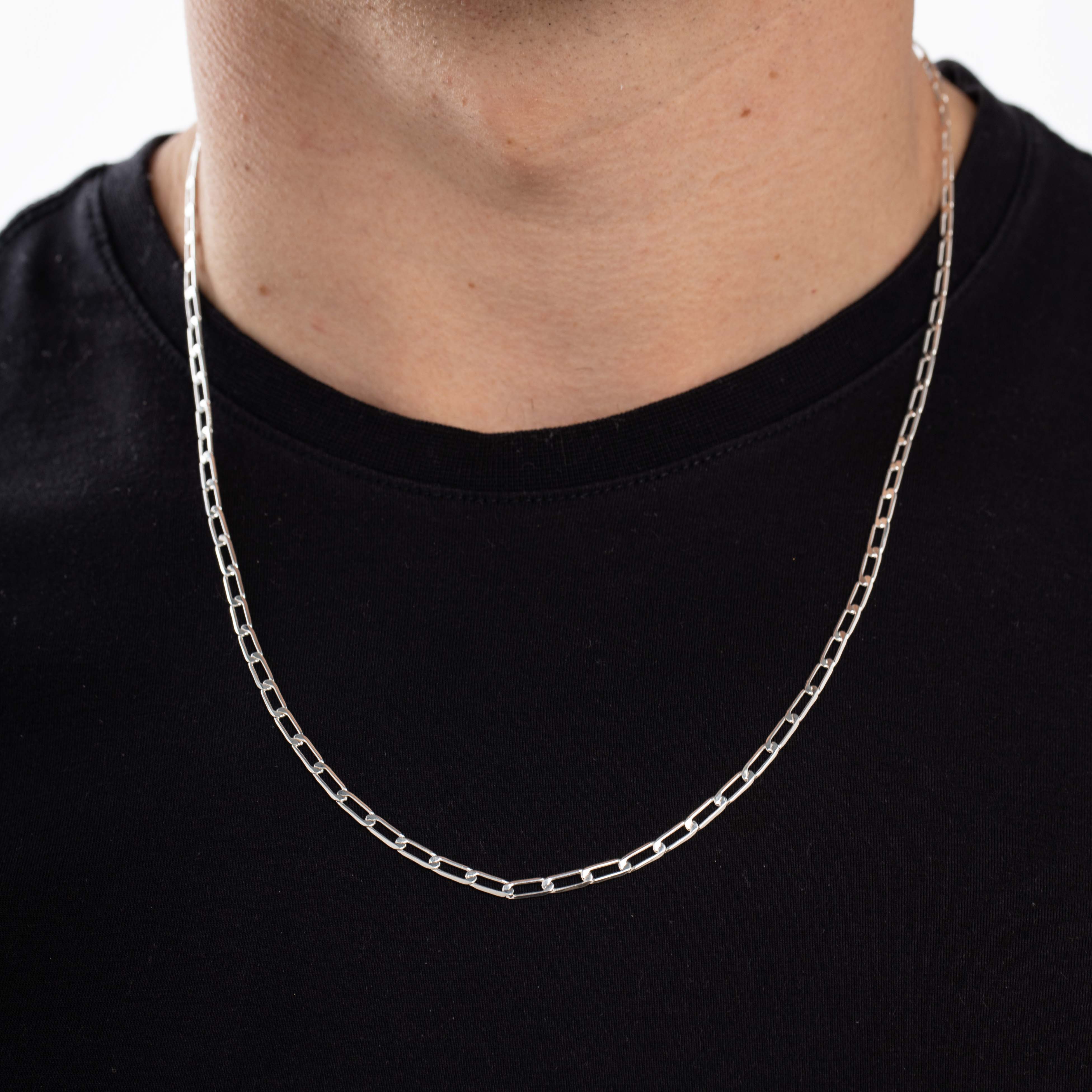 CORRENTE MASCULINA GRUMET LONGO MÉDIO ELO FINO COM FECHO GAVETA- BANHADO A PRATA 925