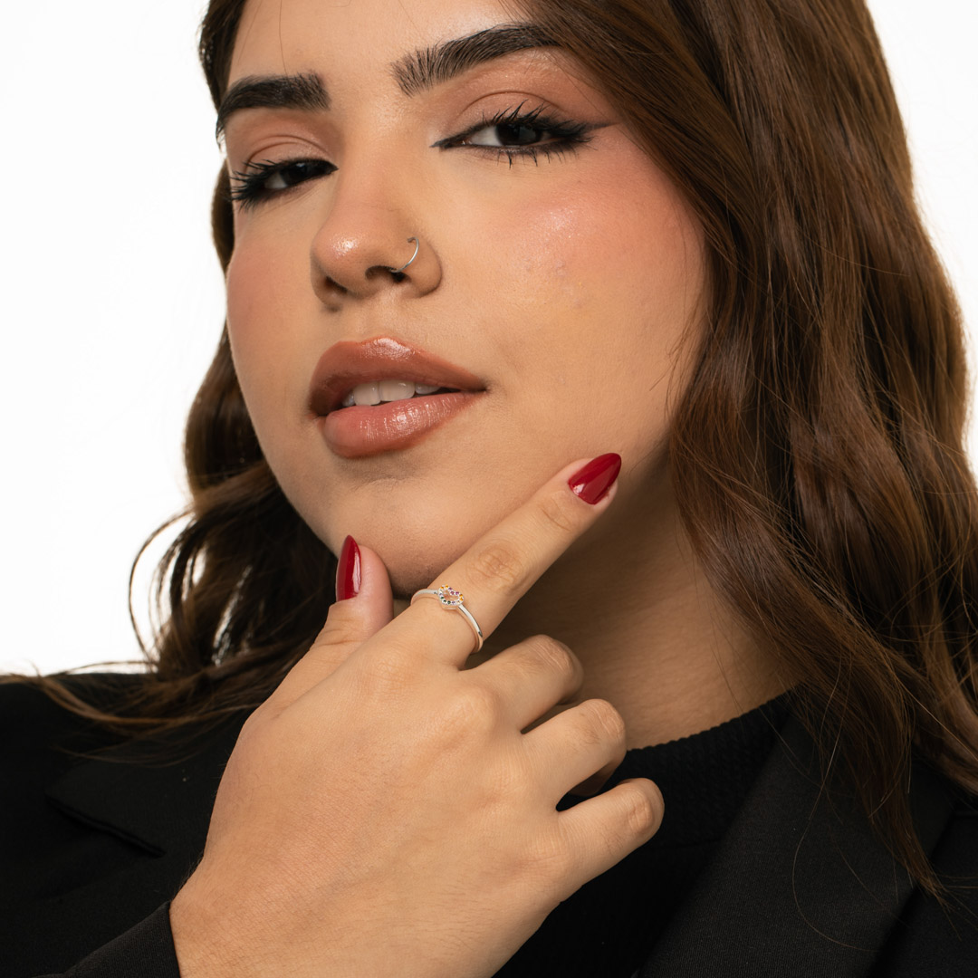 ANEL CORAÇÃO VAZADO COM ZIRCÔNIA COLORIDA Nº20 - BANHADO A PRATA 925