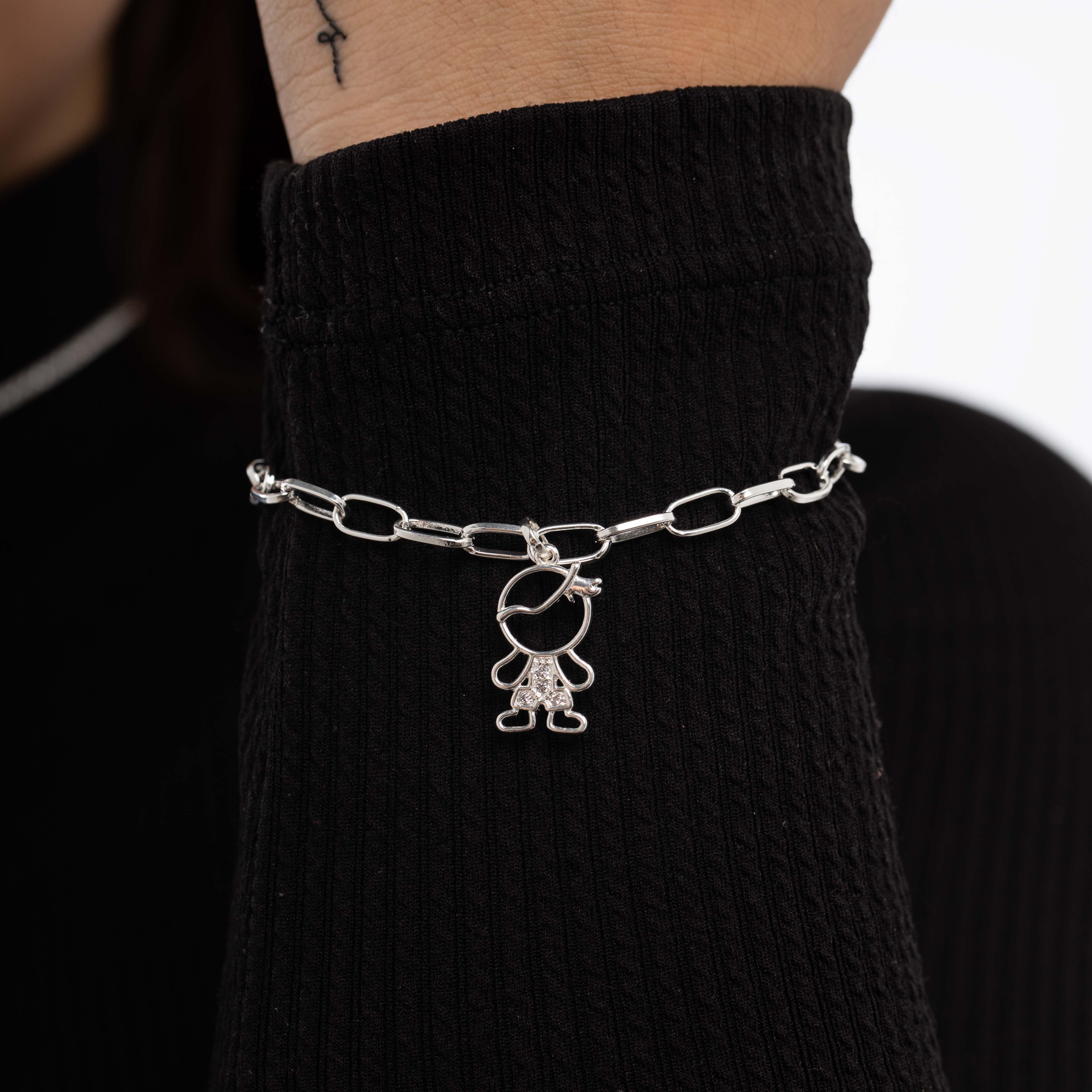 PULSEIRA ELO CARTHIE LARGO COM 1 MENINO CRAVEJADA ZIRCÔNIA CRISTAL  - BANHADO A PRATA 925