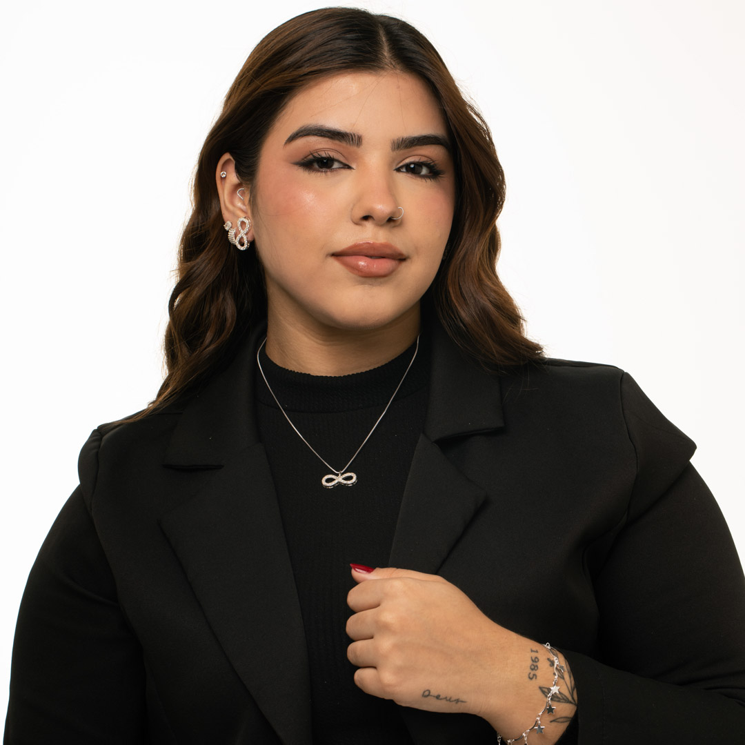 CONJUNTO CORRENTE VENEZIANA SIMBÓLO DO INFINITO COM ZIRCÔNIA CRISTAL- BANHADO A PRATA 925