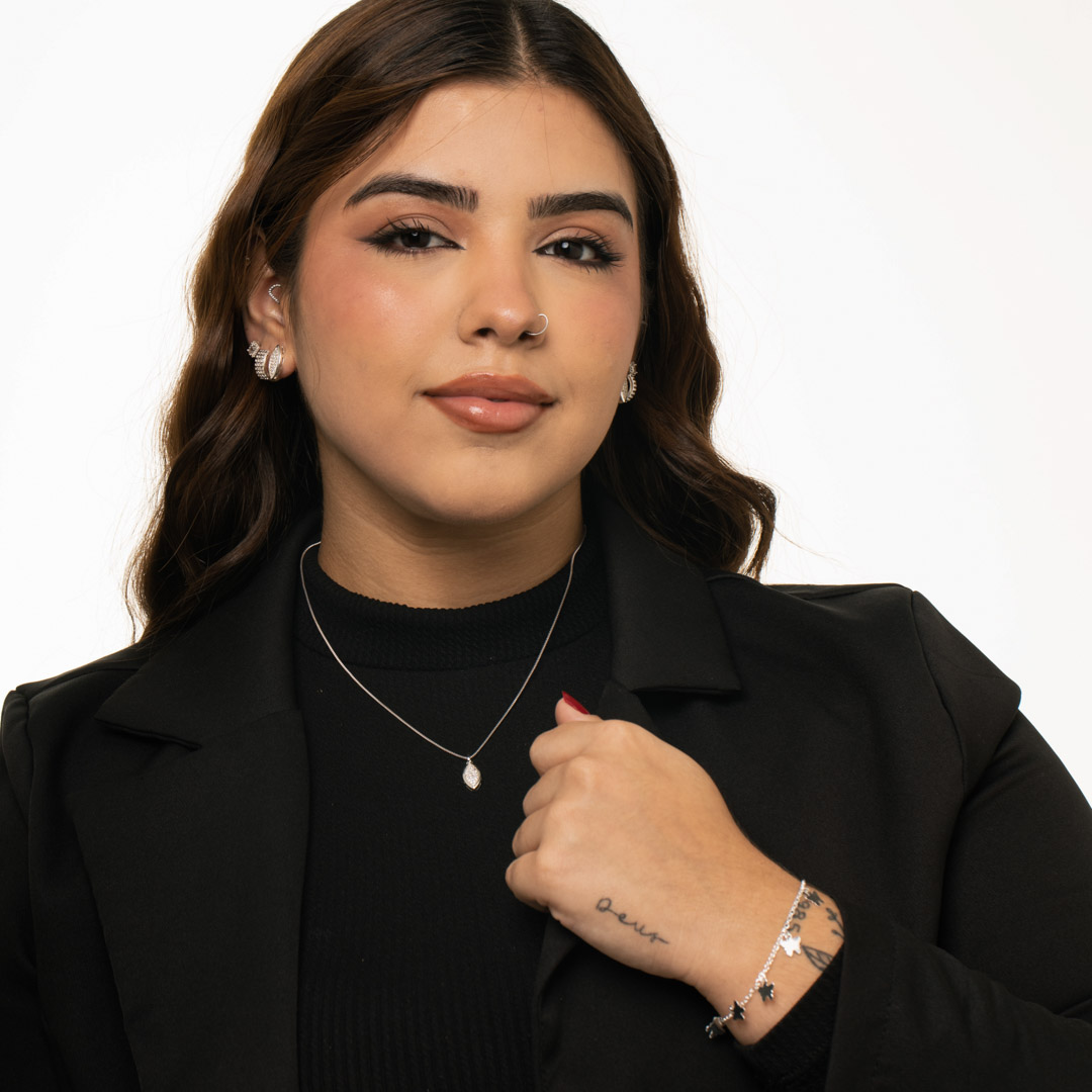 CONJUNTO CORRENTE VENEZIANA GOTA CUMPRIDA COM BORDA COM ZIRCÔNIA CRISTAL- BANHADO A PRATA 925