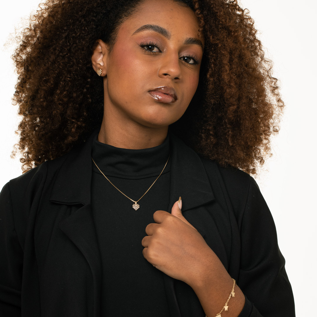 CONJUNTO CORRENTE VENEZIANA CORAÇÃO COM PONTA COM MICRO ZIRCÔNIA CRISTAL - BANHADO A OURO 18K