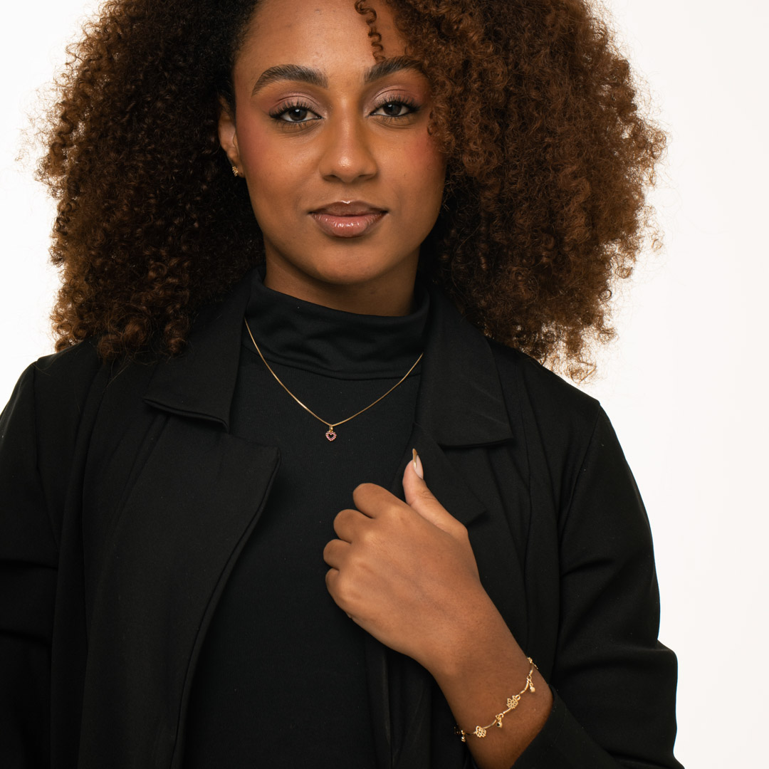 CONJUNTO CORRENTE VENEZIANA CORAÇÃ PEQUENO VAZADO COM MICRO ZIRCÔNIA PINK - BANHADO A OURO 18K