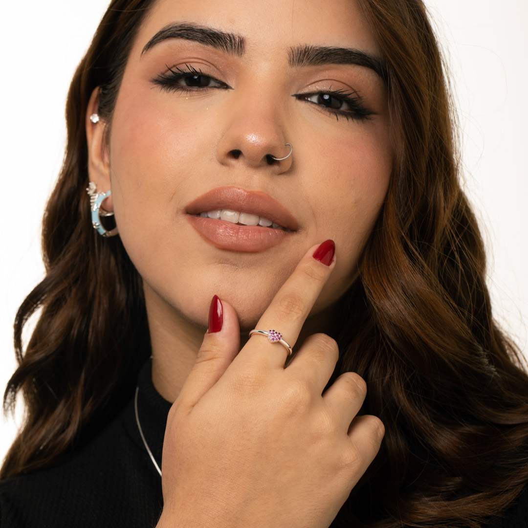 ANEL ARO LISO LARGO COM CORAÇÃO EM MICRO ZIRCÔNIA PINK Nº19- BANHADO A PRATA 925