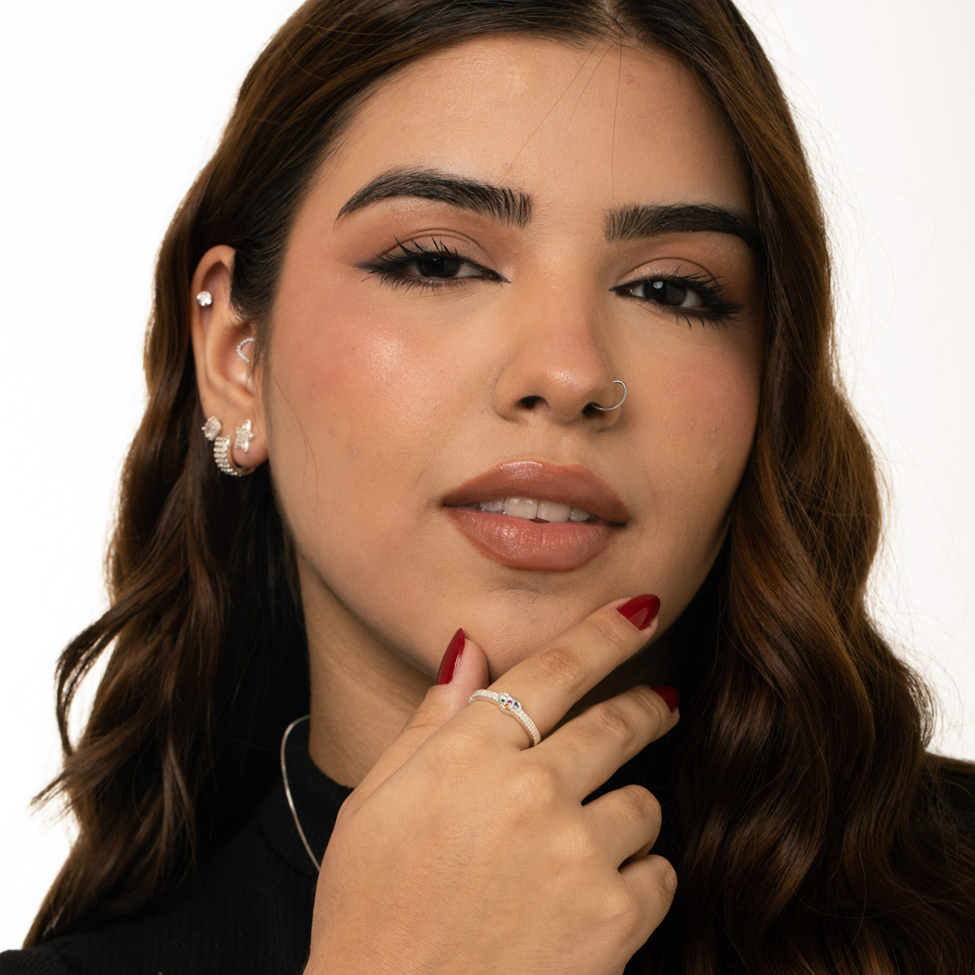 ANEL ARO TRIPLO PONTILHADO COM CORAÇÃO CRAVEJADO EM MICRO ZIRCÔNIA COLORIDA Nº21- BANHADO A PRATA 925