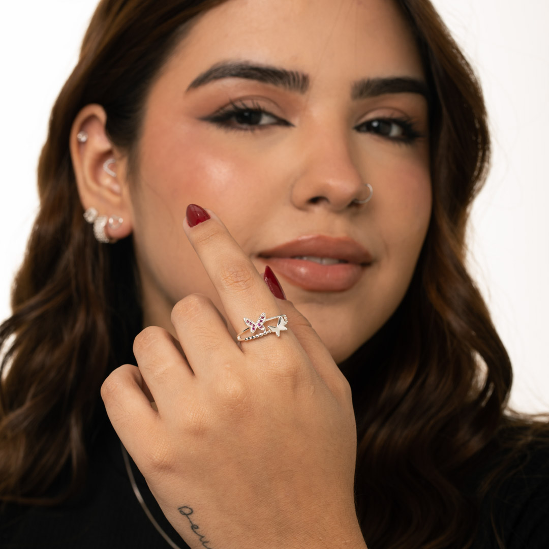 ANEL ARO DUPLO PONTILHADO COM BORBOLETA LISA E BORBOLETA CRAVEJADA COM MICRO ZIRCÔNIA PINK  Nº22 - BANHADO A PRATA 925