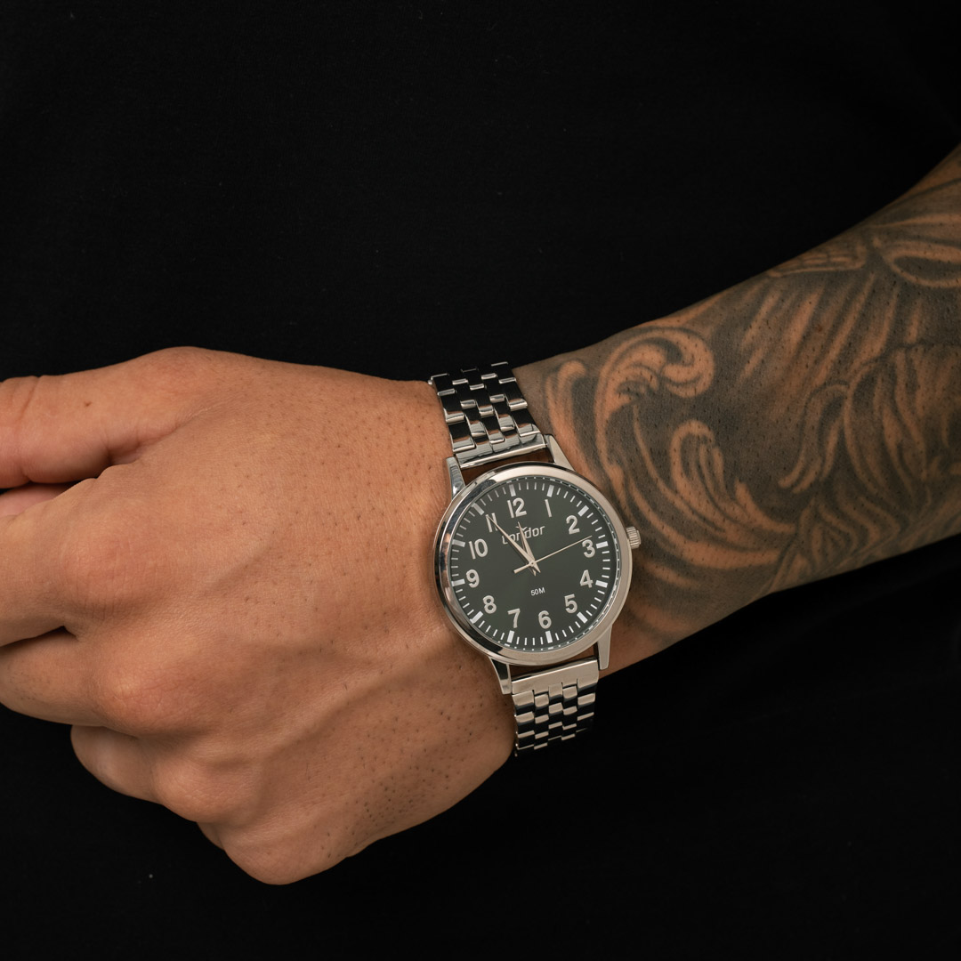 RELÓGIO CONDOR MASCULINO PRATA REDONDO COM FUNDO VERDE METALICO E PULSEIRA EM AÇO COM BRINDE - COR PRATA