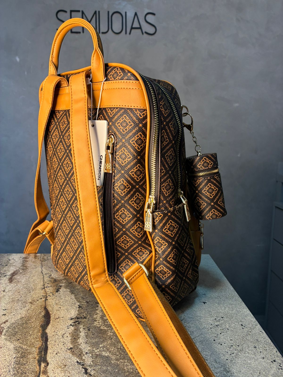 BOLSA MOCHILA QUADRICULADA COM ZIRCÔNIA + CHAVEIRO PORTA MOEDAS CHENSON