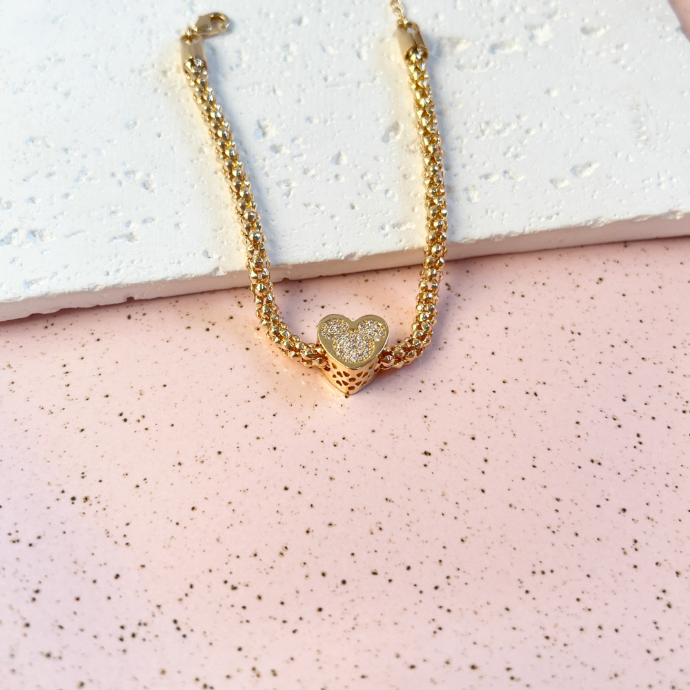 PULSEIRA ELO PIPOCA COM BERLOQUE CRAVEJADO MICKEY E MINNEI