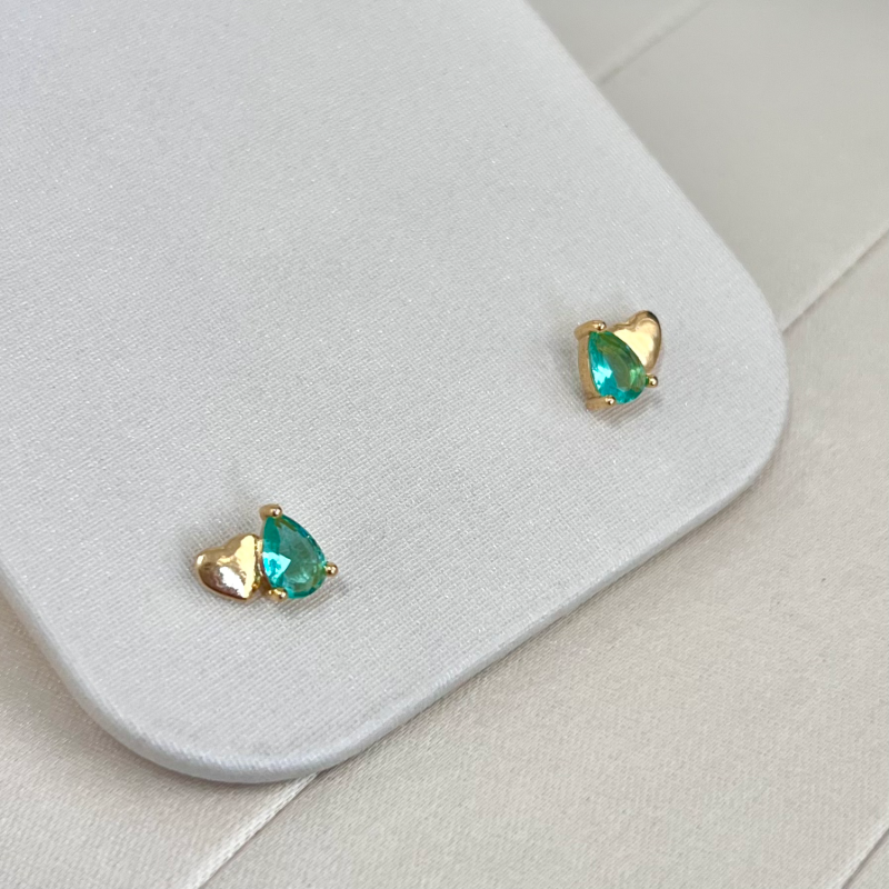 BRINCO GOTA PEDRINHA TURMALINA COM CORAÇÃO LISO