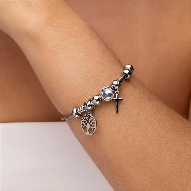 BRACELETE AÇO INOX ÁRVORE DA VIDA E CUZ