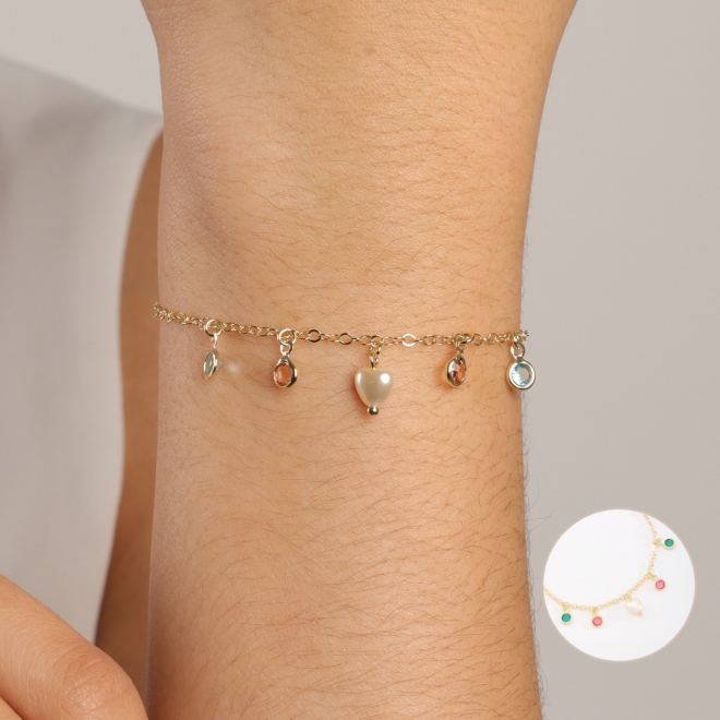 PULSEIRA INFANTIL CORAÇÃO PÉROLA ZIRCÔNIAS VERDES  E ROSA