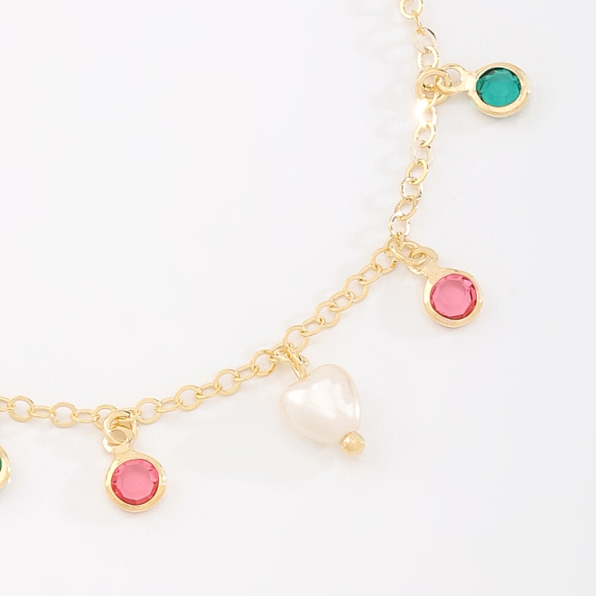 PULSEIRA INFANTIL CORAÇÃO PÉROLA ZIRCÔNIAS VERDES  E ROSA