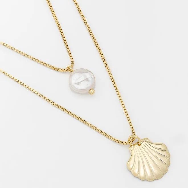 COLAR DUPLO PÉROLA E CONCHA