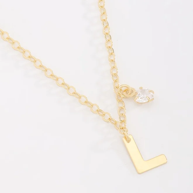 COLAR LETRA L LISA COM CORAÇÃO ZIRCÔNIA