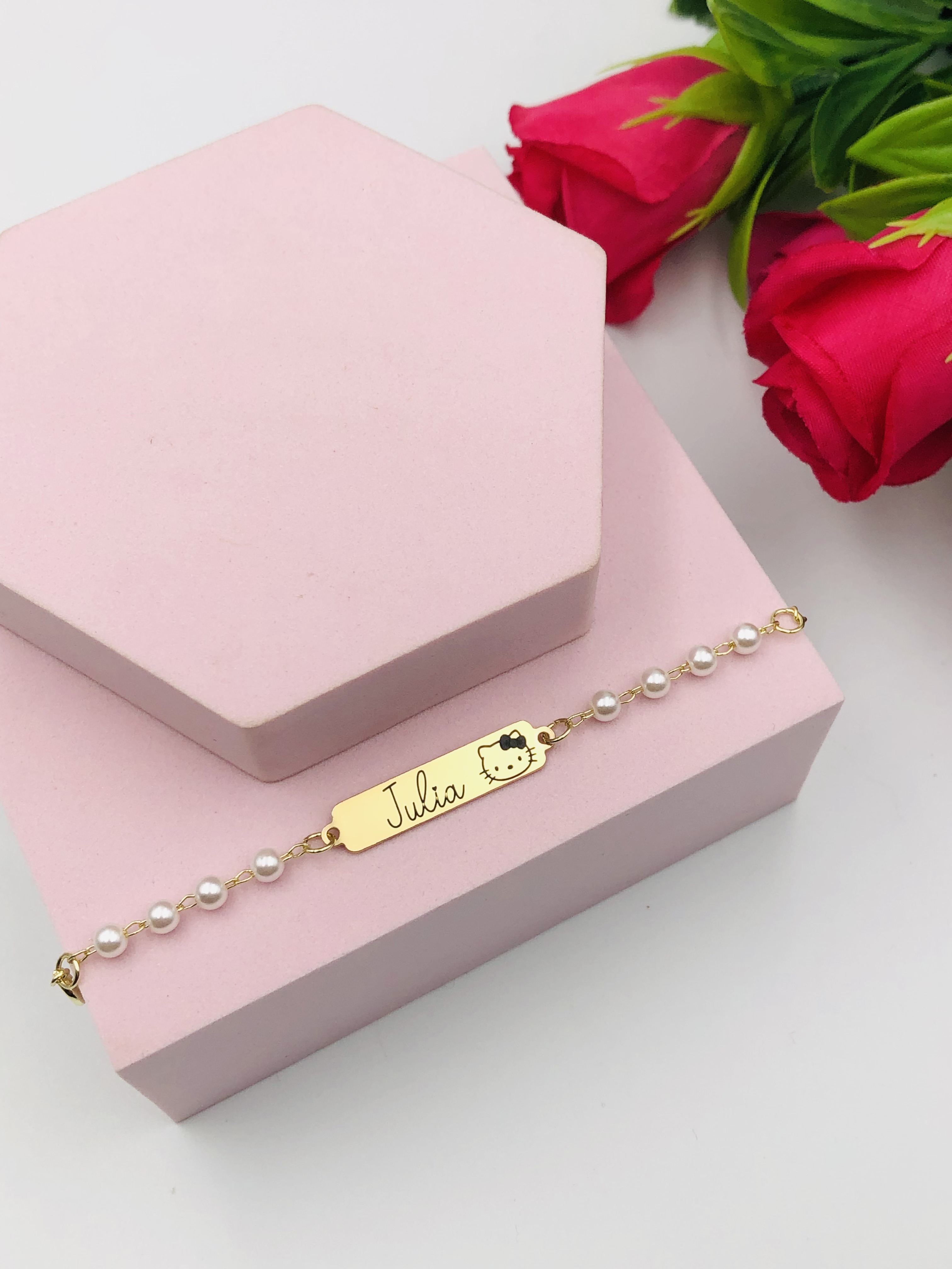 Pulseira Infantil Gatinha Personalizada Pérola