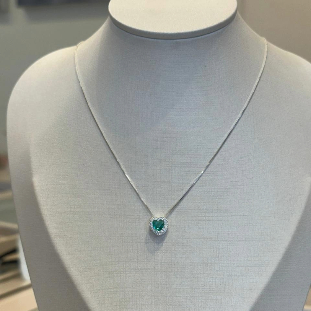 CONJUNTO PRATA CORAÇÃO VERDE TIFFANY