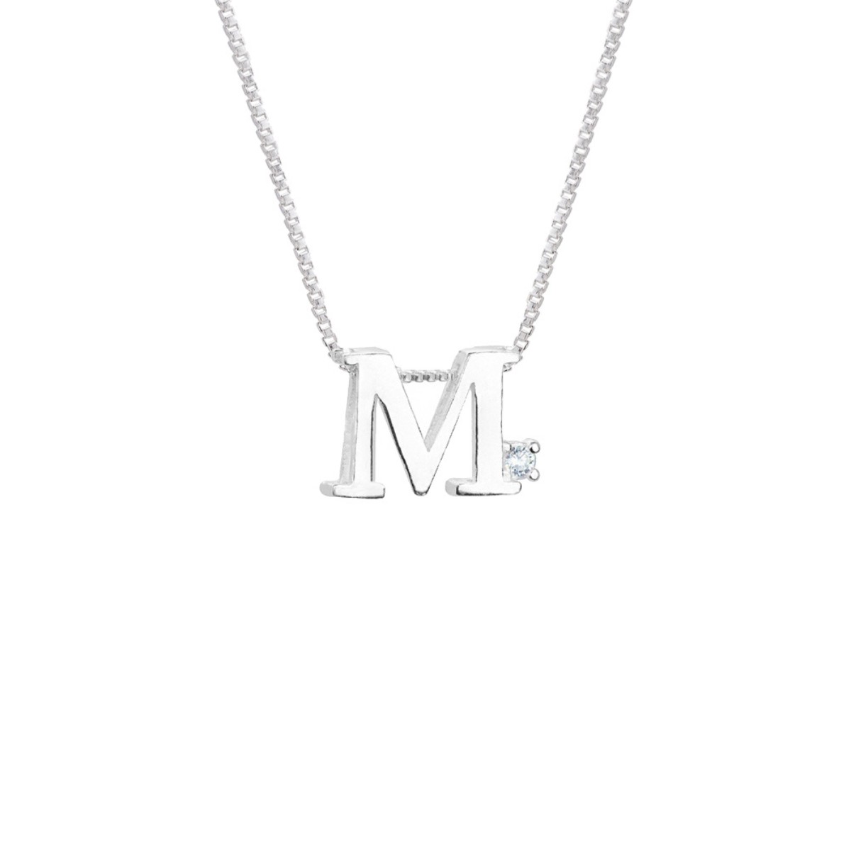 GARGANTILHA PRATA 925 LETRA M COM ZIRCONIA CRISTAL 1X1CM