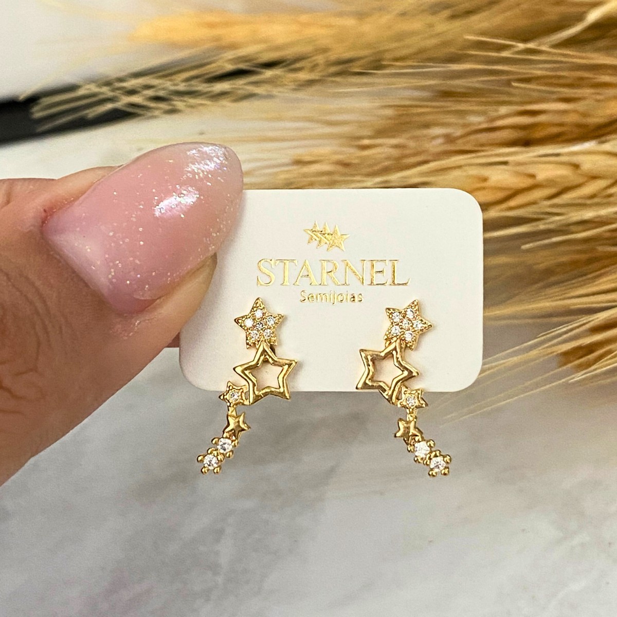 BRINCO EAR CUFF 4 ESTRELA CRAVEJADA E LISA MAIS 2 PEDRA NO CRISTAL