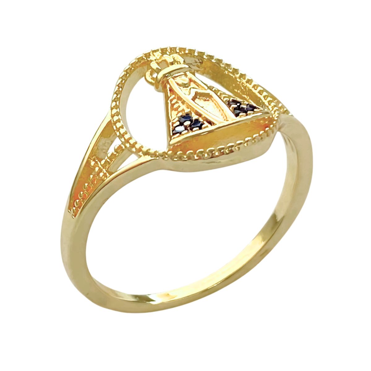 ANEL CIRCULO VAZADO COM NOSSA SENHORA APARECIDA DENTRO E MANTO AZUL