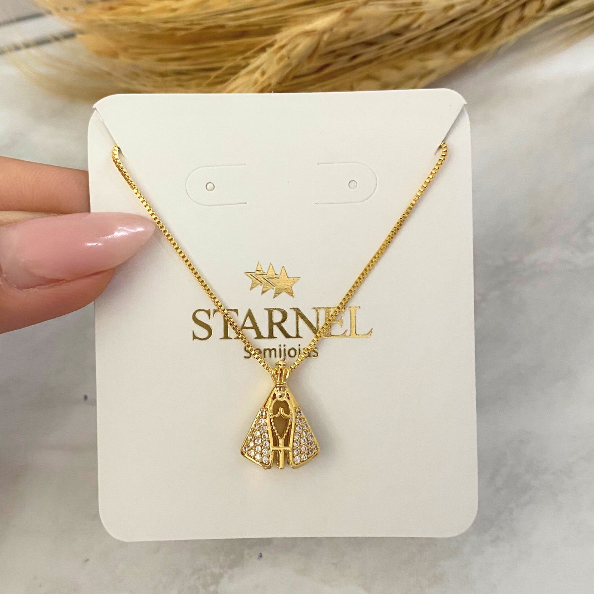 GARGANTILHA VENEZIANA COM UMA NOSSA SENHORA APARECIDA DUPLA FACE MANTO AZUL E CRISTAL